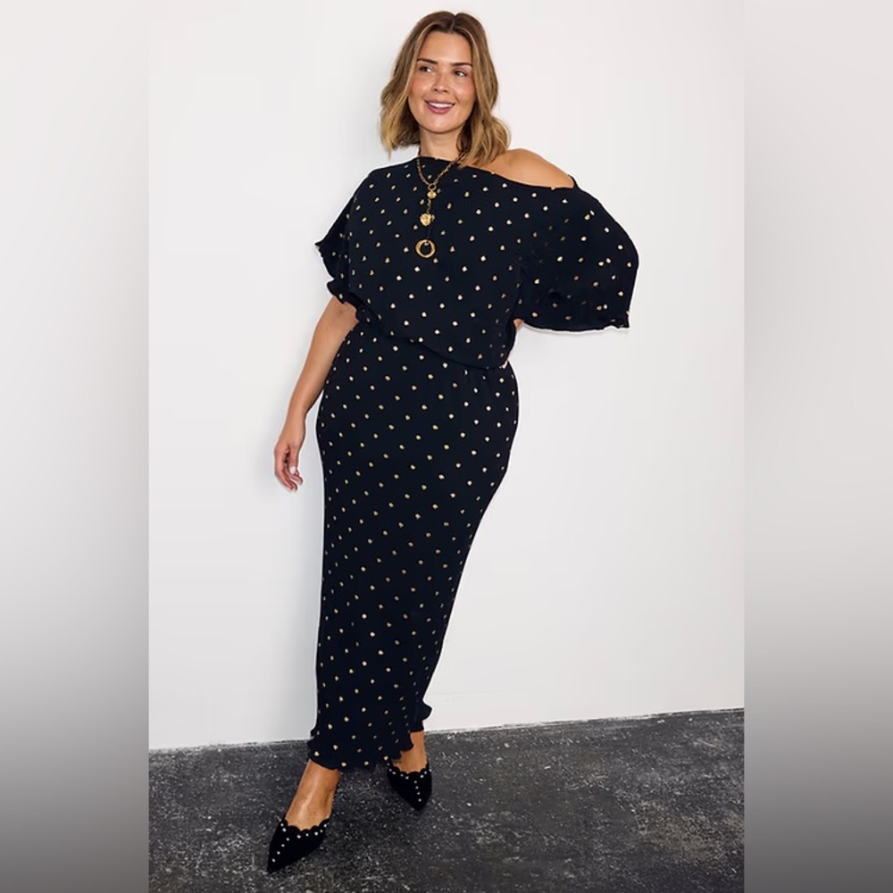 Never Fully Dressed Black Midi Dress with Gold Dot Print
